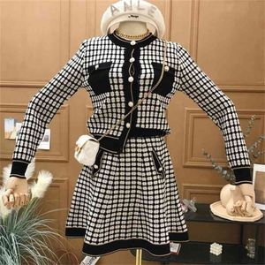 High Quality Autumn Sweatsuits For Women Outfits Knitted Cardigan Crop Top A line Mini Skirt Suit Ladies 2 Piece Set 210514