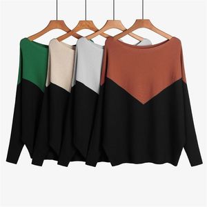 Loose Knitted Sweater Women Jumpers Long Sleeve oneck Woman Pullovers Sweater Autumn Winter Color Block Casual Sweater 201221