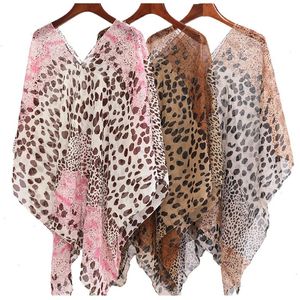 Sexy Lace Leopard Print Silk Senk Summer Beach Toalha UV Chiffon Protele solar Shawl Women Mulheres Longa Cão Transparente Blusa T77