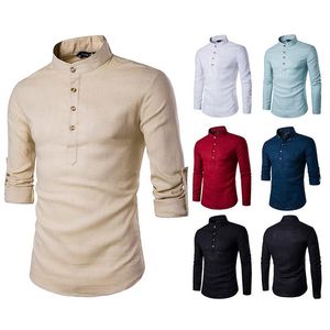 Men's Dress Shirts Spring Casual Fashion European Size Solid Color Men's Long-sleeved Linen Stand-up Collar Shirt For MenMen's