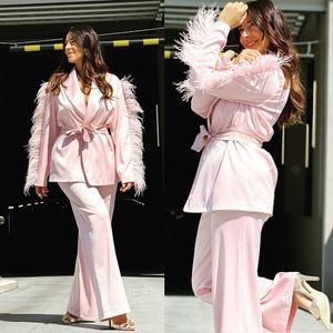 Lekkie Pink Feather Women Blazer Garnitury Street Style Power Plus Size Evention Party Formalne Outfit Wedding Nosić 2 sztuki