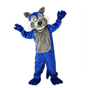 Traje de mascote de lobo azul macio