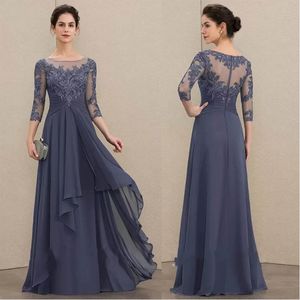 Aplique Applique Biço de Chiffon Vestidos de noite formal com três quartos de manga pescoço verde através de vestidos de noite Mãe da noiva