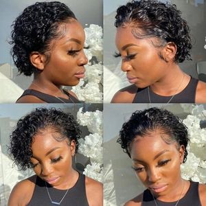 Krótki Kręcone Koronki Przód Pixie Cut Ludzki Włosy Wig Bob Closure Wigs Pre pęknięty dla czarnych / białych kobiet