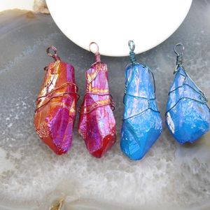 Pendant Necklaces 1pcs Natural Rough Crystal Nugget Titanium Red/Blue Wire Wrapped Quartz Necklace For DIY Jewelry Making AccessoriesPendant