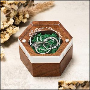 Sieraden zakjes zakken verpakking display gepersonaliseerde ringbox hex houten met helder acryl deksel voorstel verloving bruiloft groene vuller d