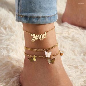 Cavigliere Fashion Cute Butterfly For Women Old English Letter Charm Braccialetto alla caviglia sulla gamba Bohemian Summer Beach Foot Jewelry Marc22