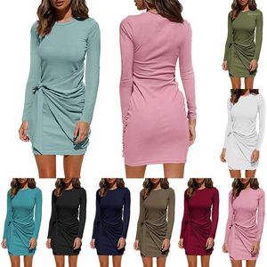 Casual Dresses 2022 Style Women Slim Sheath Dress Ladies Solid Color Long Sleeve Round Neck Twist Knot For Spring Autumn