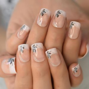 False Nails Medium Nude Natural Square Shimmer Glitter Decorative Flower Grace White Gradient Ombre Artificial Nail Art Tips