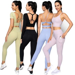 Gym Clothing Women Sport Set Bra Top Leggings With Pocket Weave Beauty Back Antistatic Yoga SuitsGym