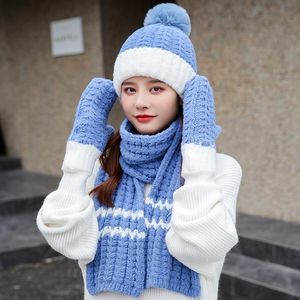 Berets Fashion Autumn Winter Warm Wool Knitted Hat Scarf Gloves Set For Women Female Lovely Blue Orange Black Gorros Invierno Mujer