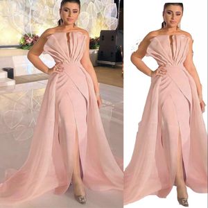 2022 Simple Vintage Mermaid Evening Dresses Pink Soft Stain Formal Dress Elegant Party Dress Prom Gown Detachable Train Vestidos De Fiesta