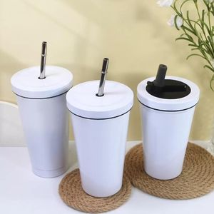 Stock! 17oz Sublimation Tumblers With steel straw Blank White Double Wall 304 Stainless Steel Insulated Coffee Mug DHL Shipping