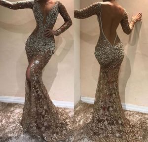 Sparkly Mermaid Long Sleeves Lace Prom Dresses V Neck Open Back Sexy High Split Evening Dress Formal Party Gowns BC0975