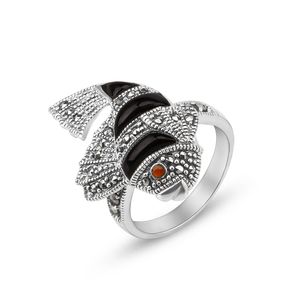 Vintage-Ring für Damen, 925er-Sterlingsilber, mehrfarbiger Chalcedon-Fisch-Fingerring mit Markasit