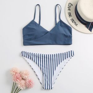 Kadın Mayo Bikinis 2022 Kadın Düz Renkli Bikini Seti Push-Up Mayo Beachwear yastıklı dikey çizgiler Tanga Mujer femme