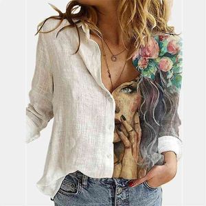 Autumn Women Vintage Print Slub Linen Shirt Blue Stor storlek 3XL Trend Office Lady Shirts Female Patchwork Clothings 210401