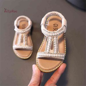 Girls Sandals Kids Summer Shoes 2022 Children Roman Shoe Pearl Flash Diamond Party Princess Shoes Flats Girl Casual Beach Sandal G220418