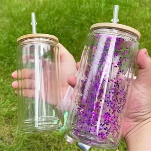 16oz Double Wall Bottles Sublimation Glass Can Snow Globe Tumbler Beer Frosted Drinking Glasses With Bamboo Lid And Reusable Straw custom gift GF1025