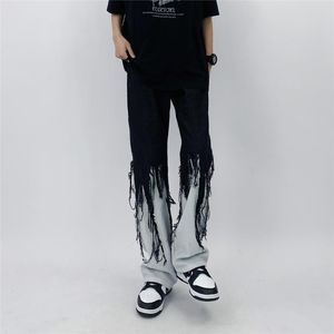 Męskie dżinsy mężczyźni High Street Hip Hop Contrast Color Tassel Loose Korean Fashion Clothing Y2K Pants LooseMen's