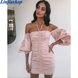 Dorywczo sukienki Vintage Moda Lato Jesień Mini Dress Satin Tkaniny Długie Rękawy Puffowe Wstecz Zipper Plised Układy