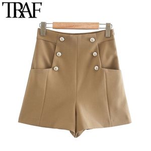 Women Chic Fashion with Buttons Pockets Bermuda Shorts Vintage High Waist Side Zipper Female Short Ropa Mujer 210507