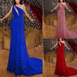 2022 Sequined Slim Red Evening Prom Dress Fashion One Shouler Hollow Out Elegant Cocktail Vestido Party Robe Women