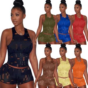 2024 Designer Ripped Outfits Women Tracksuits Two Piece Set Summer Solid Sportswear Sleeveless Vest top Biker Shorts Casual Jogging Suits Wholesale Clothes 7385