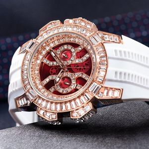 Armbandsur Rose Gold White Men's Watches Famous Luxury Top Brand Quartz Analog Chronograph Diamond Large Dial Rubber Red Wristwatchesw