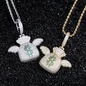 Hänge halsband Hip Hop ised ut CZ Stone Bling US Dollar Money Bag Flying Purse Pendants Halsband för män Rapper smycken Guld Colorpendan