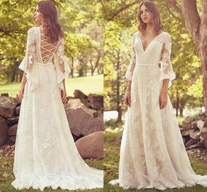 Plaża Rękaw Suknie Ślubne Suknie Cross Pasek Back Koronki Czeski Kraj Bridal Sukienka Vestidos de Novia Bohemios 2022