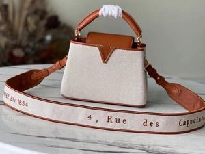 Realfine Bags 5A M59872 21 cm Capuciness Mini Caramel Brown Leder Canvas Handtasche Schultertaschen für Damen mit Staubbeutel