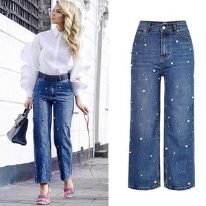 Jeans da donna Pantaloni in denim dritti a gamba larga con perle a vita alta da donna Pantalon Femme Designer alla moda del marchio all'ingrosso da donna