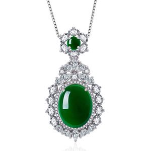 Silberne Halsketten, natürliche grüne Jade, Chalcedon, runder Achat, Anhänger, Halskette, chinesischer geschnitzter Charm-Schmuck, modisches Amulett für Frauen, Geschenk