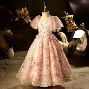 2122 Vestidos de menina de flor bonito para Laço de casamento Lantejoulas Floral Appliques Fiered Says Girls Pageant Dress Kids Halloween Birthday Festa de aniversário