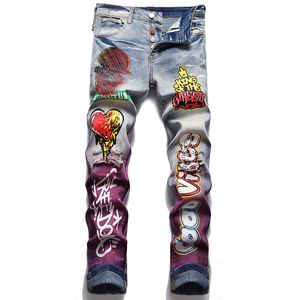 Retro niebieskie porwane dżinsy męskie Slim Stretch drukowanie i farbowanie spodnie dżinsowe moda Casual Graffiti spodnie Vaqueros de hombre
