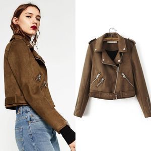 Damenjacken Frauen Wildleder Leder Pelz Slim Pocket Revers Kurze Moto Jacke Tops Dame Frühling Herbst Langarm Reißverschluss Warmer Mantel OutwearWome