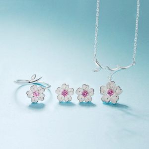 Trendy Kirsche Blume Silber Schmuck Sets Freund Geschenke Koreanischen Stil Charme Frauen Halskette Ohrringe Ring Armband