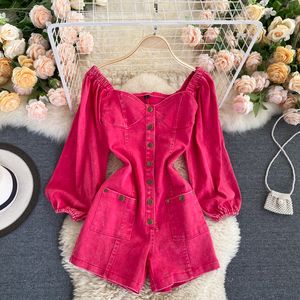 Modekläder Autumn Retro Single Breasted Slim Women's Jumpsuits Rompers Short Jeans Playsuits Women New Long Sleeve Sexy Playsuits 2022