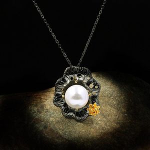 Andere Exquisite Blume Süßwasser Perle Anhänger Halskette Wild Schwarz Gold 925 Silber Damen Schmuck Pullover Kette Bankett SchmuckAndere