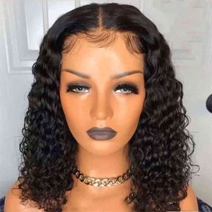 Kurze lockige Bob T-Teil Spitze Echthaarperücken Deep Wave PrePluck Baby Remy Frontal Perücke für Frauen 5x1 220609