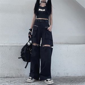 Deeptown Gothic Techwear Emo Black Cargo Pant Punk Oversize Hollow Out Wide Leg Pocket Trousers for Female Goth Hip Hop 220325