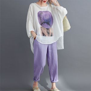 50-85kg 슈트 느슨한 패션 여성 둥근 목 불규칙 인쇄 티셔츠 및 탄성 허리 솔리드 9 포인트 바지 캐주얼 2 피스 세트
