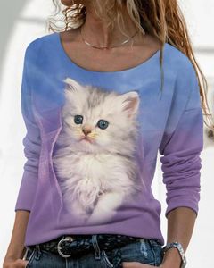 ジムの服の子猫パターン女性スプリングファッションレトロトップレジャールーズ通気性印刷ラウンドネック快適な昇華Tシャツ