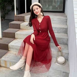 JXMYY Fashion red knitted dress autumn and winter sweater dress V-neck slim sweater net yarn base skirt 210412