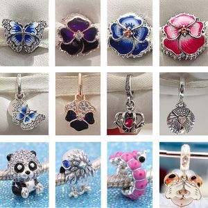 Brandneuer 100 % 925er Sterlingsilber-Perlen-Schmetterlingsblütenblatt-Anhänger mit niedlichem Panda-Charm für Original-Pandora-Armbänder, Damenschmuck, DIY-Geschenke