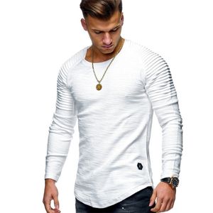 Solid kolorowe plisowane detale łatek Tshirt długie rękawie Mężczyźni Sprężyny swobodny pullover moda Slim Basic Tops 220721