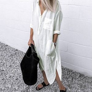 Long Summer Dress Women Linen Sundress V Neck Solid Color Slit Pocket Button Shirt Loose Holiday Beach Party 220622