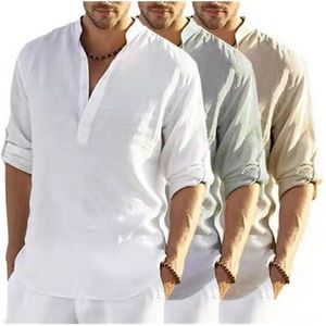 Casual Mens Cotton Linen Shirts Summer Loose Long Sleeve Solid Tee Shirt Fashion Vneck Breattable Manlig blus Skjorta Topps 220601