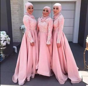 Saudiarabien rosa brudtärna klänningar hög krage applicerad långärmad muslimsk aftonklänning spets a-line festklänningar lång formell promenad slitage